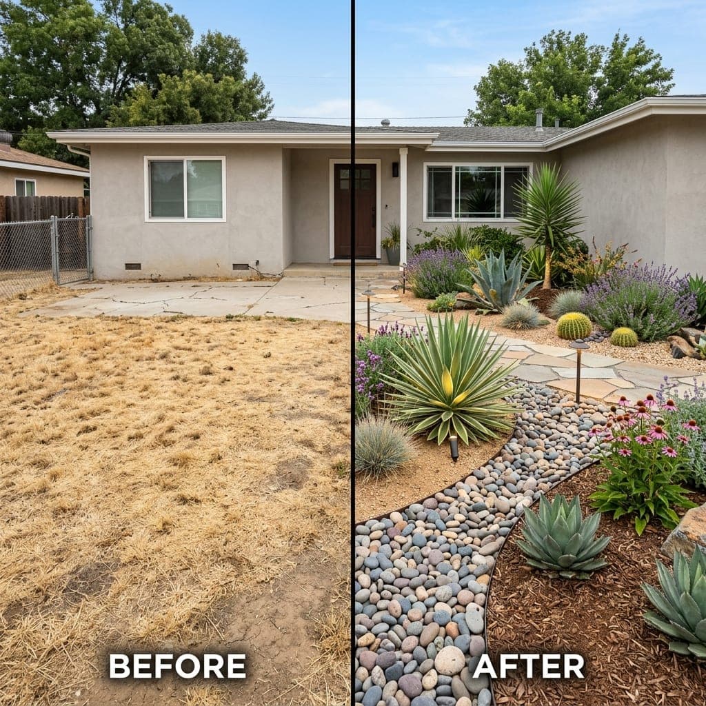 Representative North Bay landscape concept: Split view of dead lawn replaced with gravel, succulents, dry creek bed, and flagstone path.