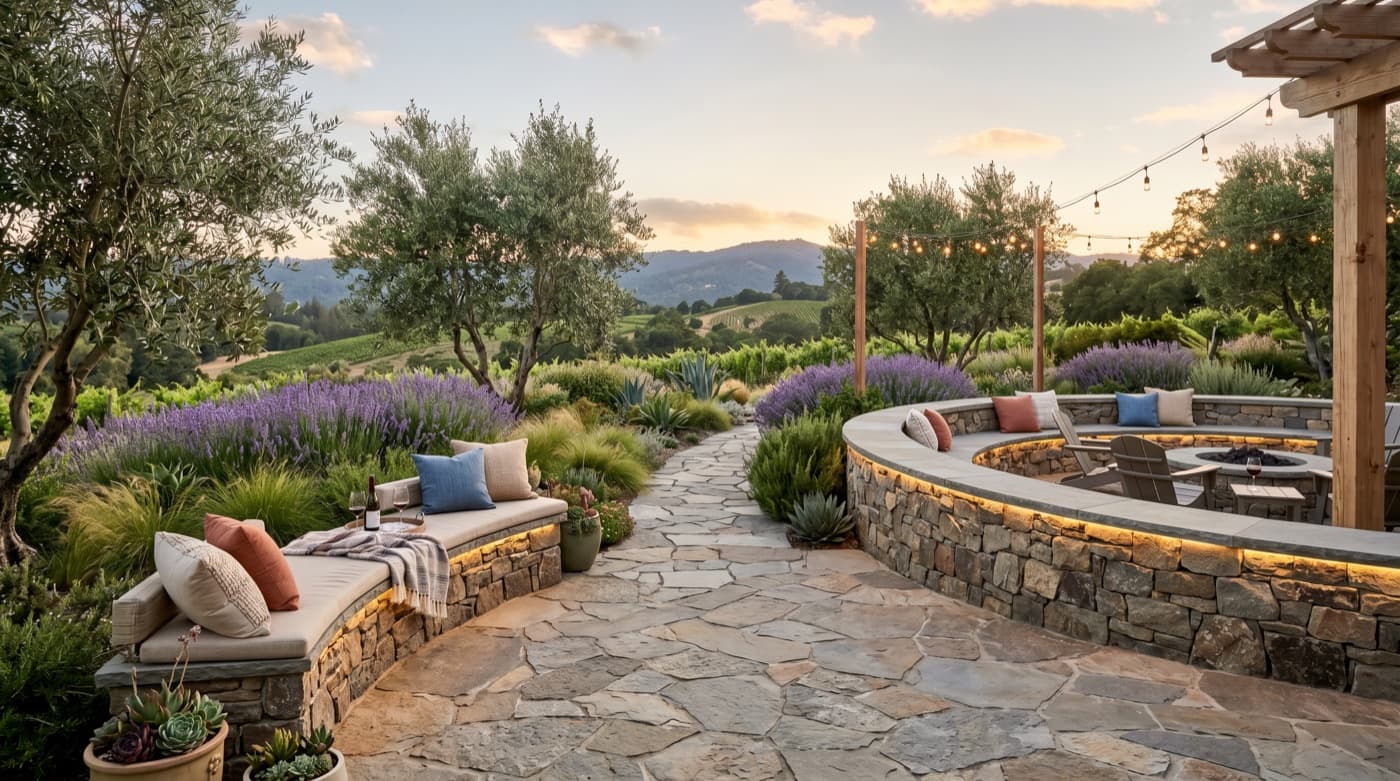 Representative outdoor living retreat concept with hardscape, planting, and gathering space.
