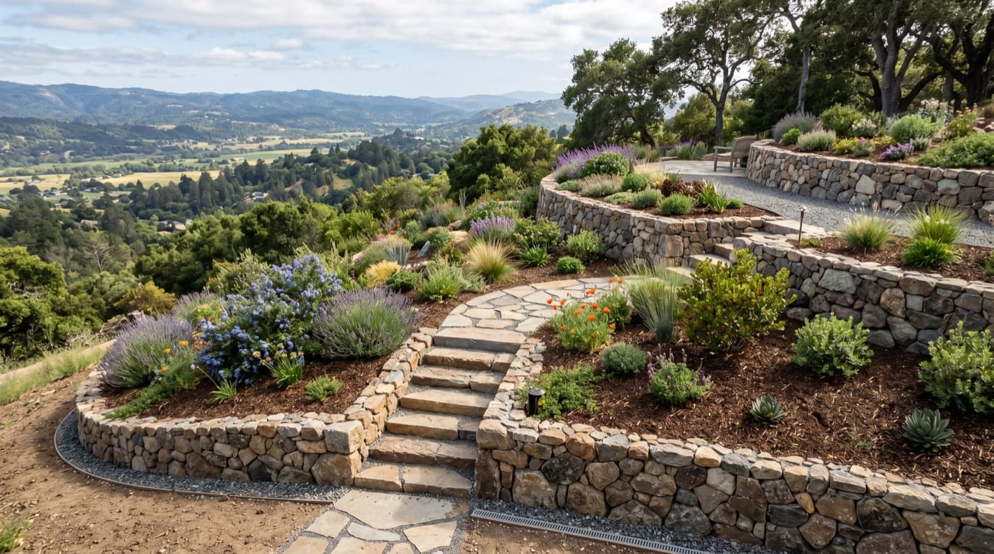 Representative hillside hardscape concept with retaining detail, planting, and outdoor circulation.
