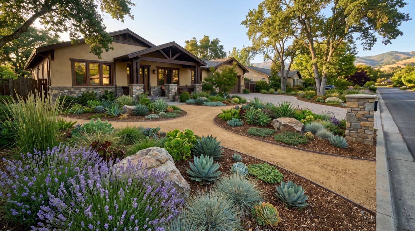 Representative water-wise garden concept with native planting, stone, and drought-conscious texture.