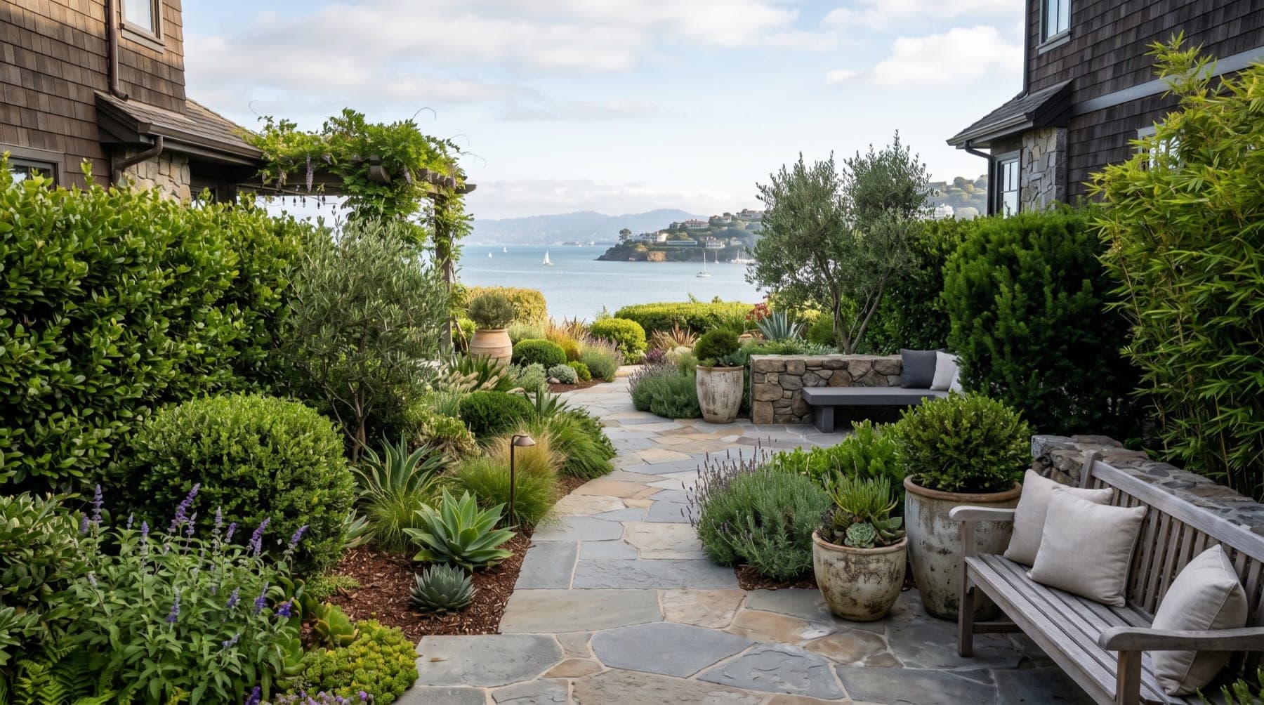 Belvedere service area landscape concept with North Bay planting, outdoor living detail, and open sky.