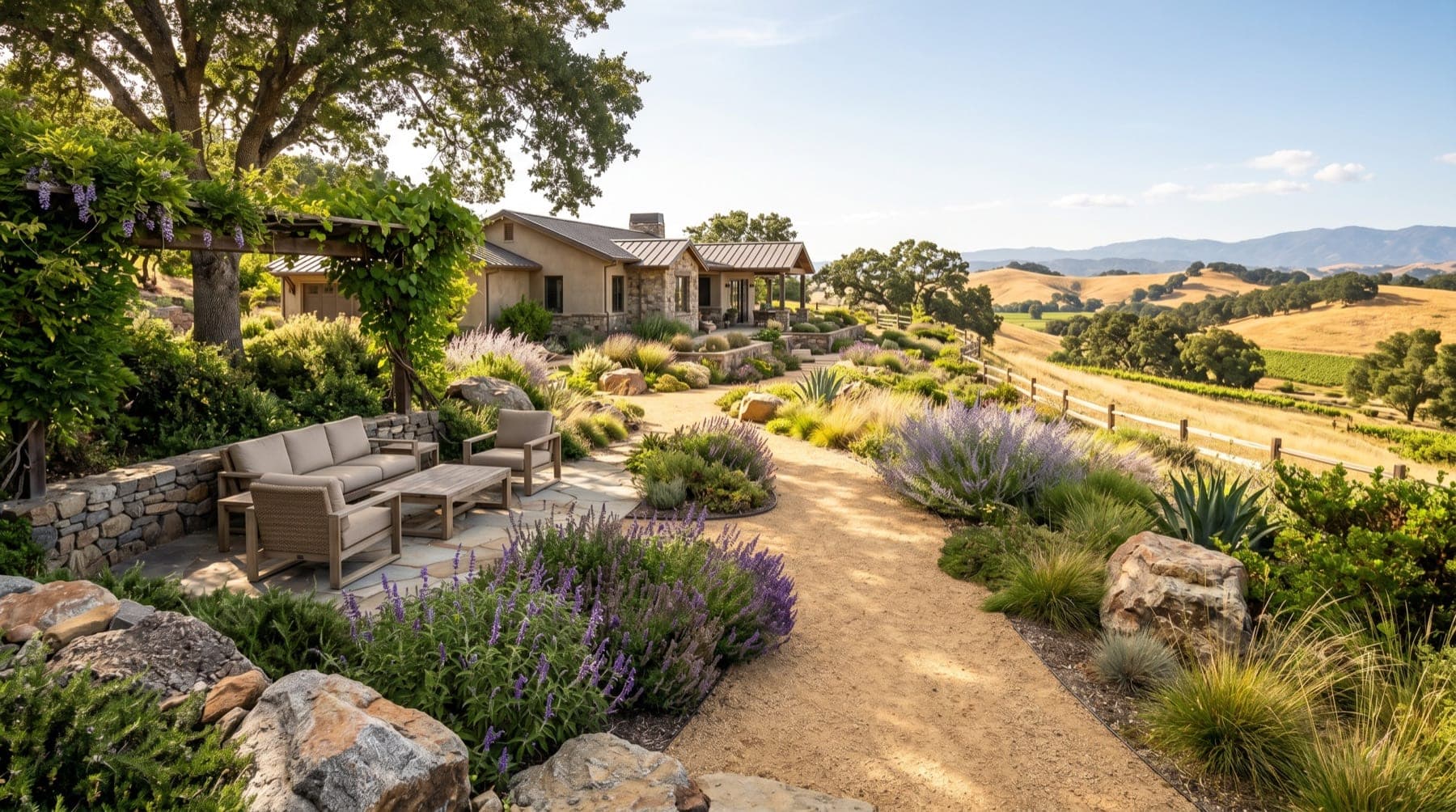 Cloverdale service area landscape concept with North Bay planting, outdoor living detail, and open sky.