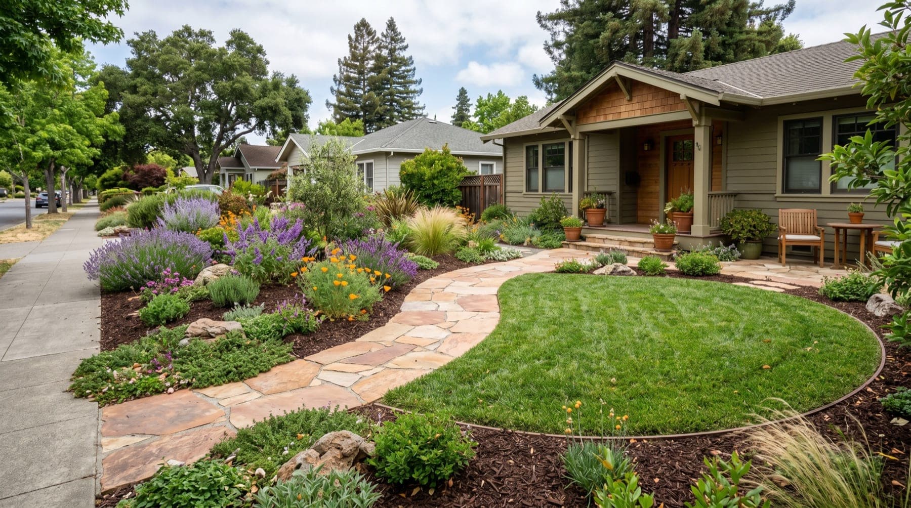 Cotati service area landscape concept with North Bay planting, outdoor living detail, and open sky.