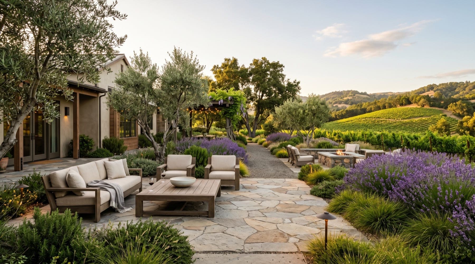 Healdsburg service area landscape concept with North Bay planting, outdoor living detail, and open sky.