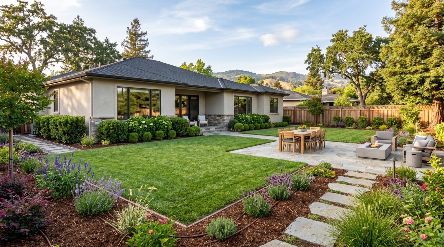 Rohnert Park service area landscape concept with North Bay planting, outdoor living detail, and open sky.
