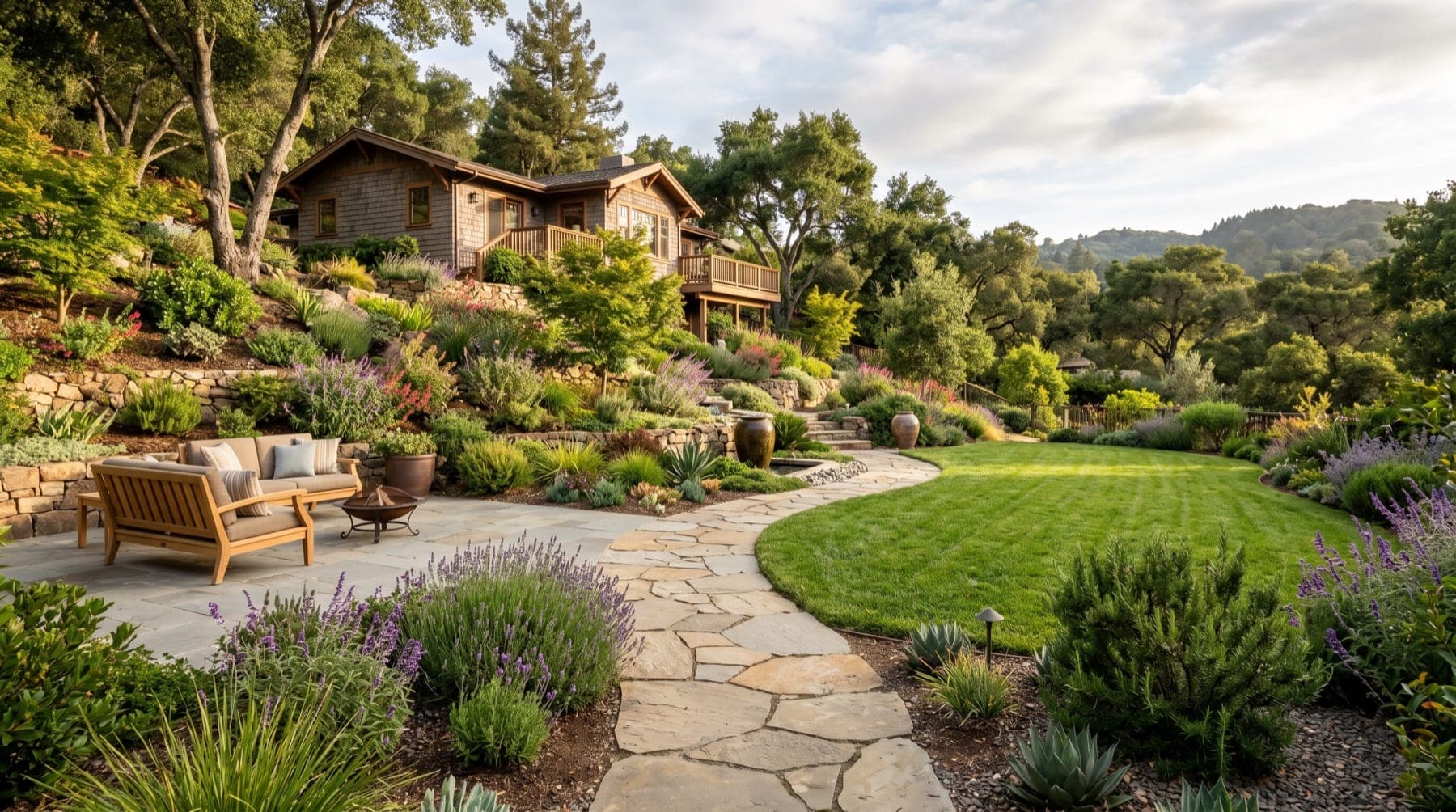 San Anselmo service area landscape concept with North Bay planting, outdoor living detail, and open sky.