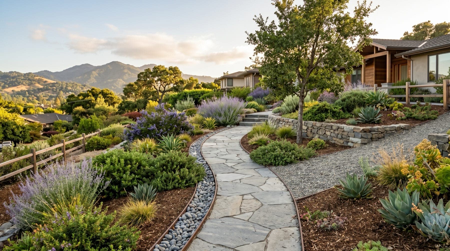 San Rafael service area landscape concept with North Bay planting, outdoor living detail, and open sky.