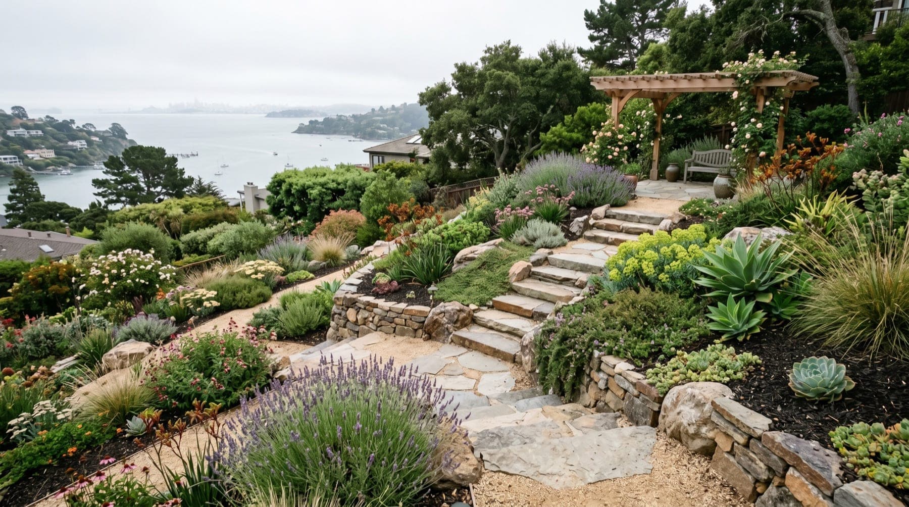 Sausalito service area landscape concept with North Bay planting, outdoor living detail, and open sky.