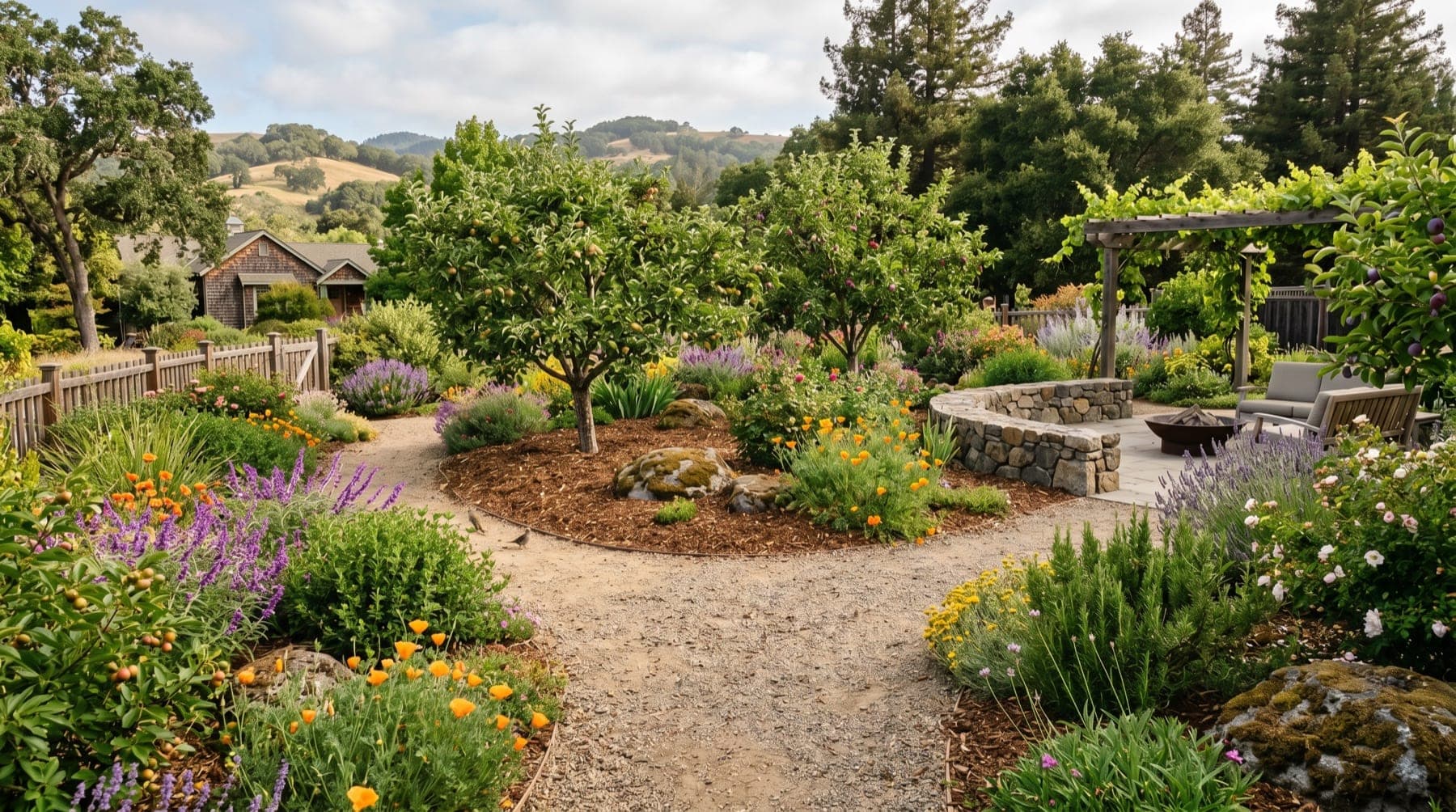 Sebastopol service area landscape concept with North Bay planting, outdoor living detail, and open sky.