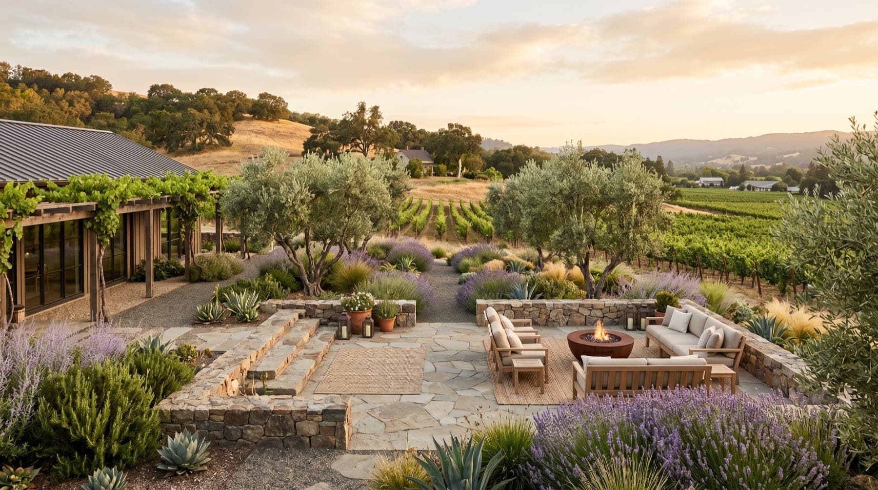 Sonoma service area landscape concept with North Bay planting, outdoor living detail, and open sky.