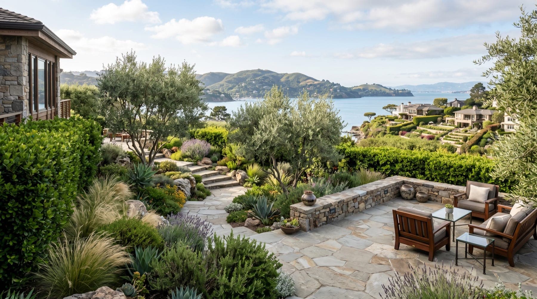 Tiburon service area landscape concept with North Bay planting, outdoor living detail, and open sky.