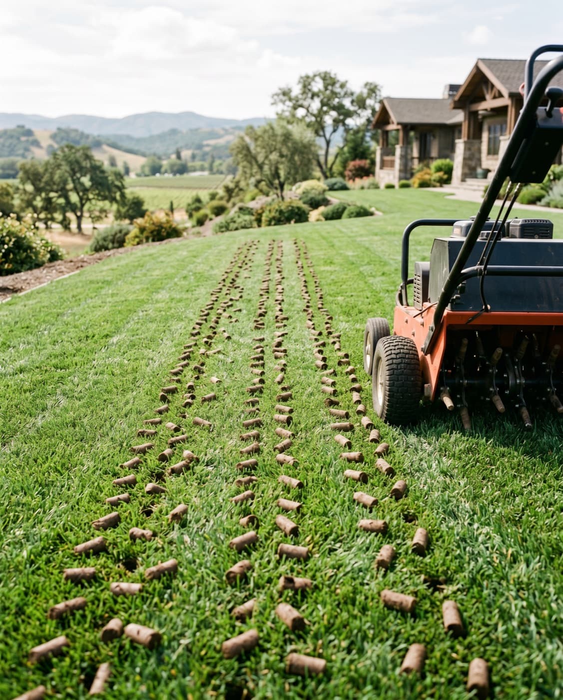 Lawn aerator passing over turf as part of soil health service.