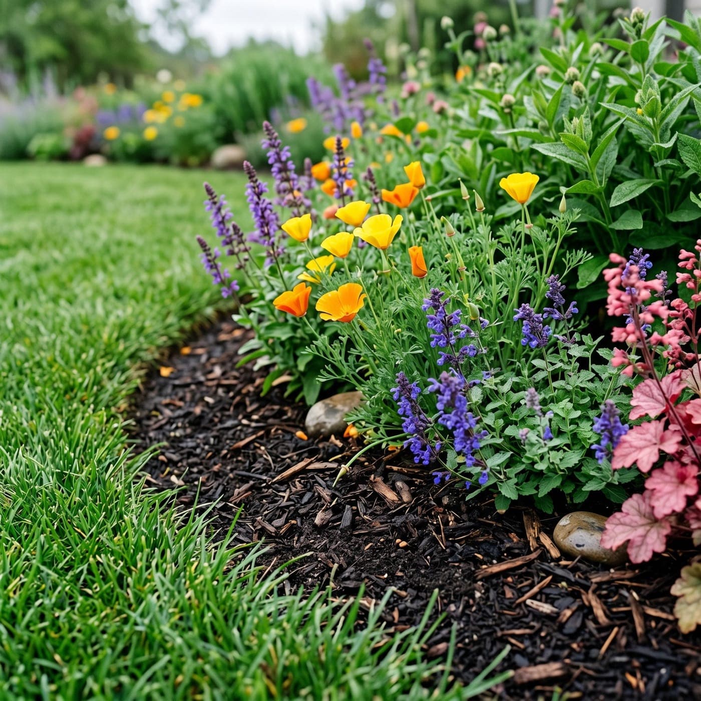 Healthy flowers and lawn detail after soil and plant care.