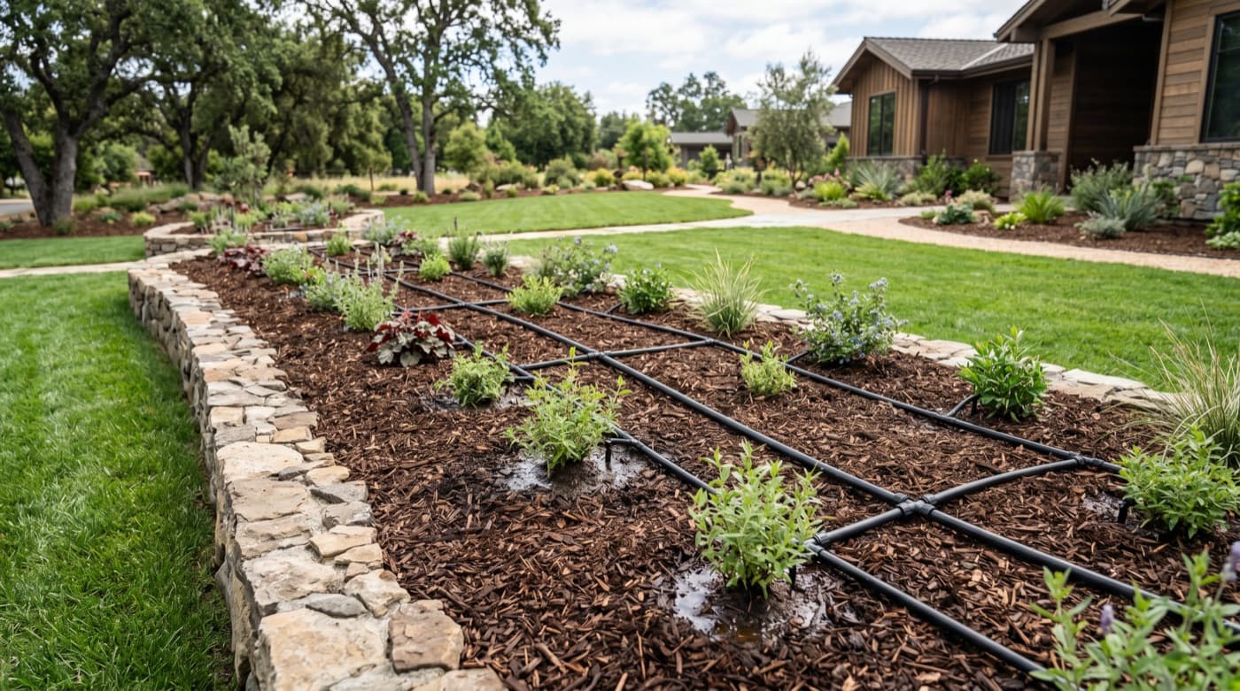 Drip irrigation detail set into planting soil.