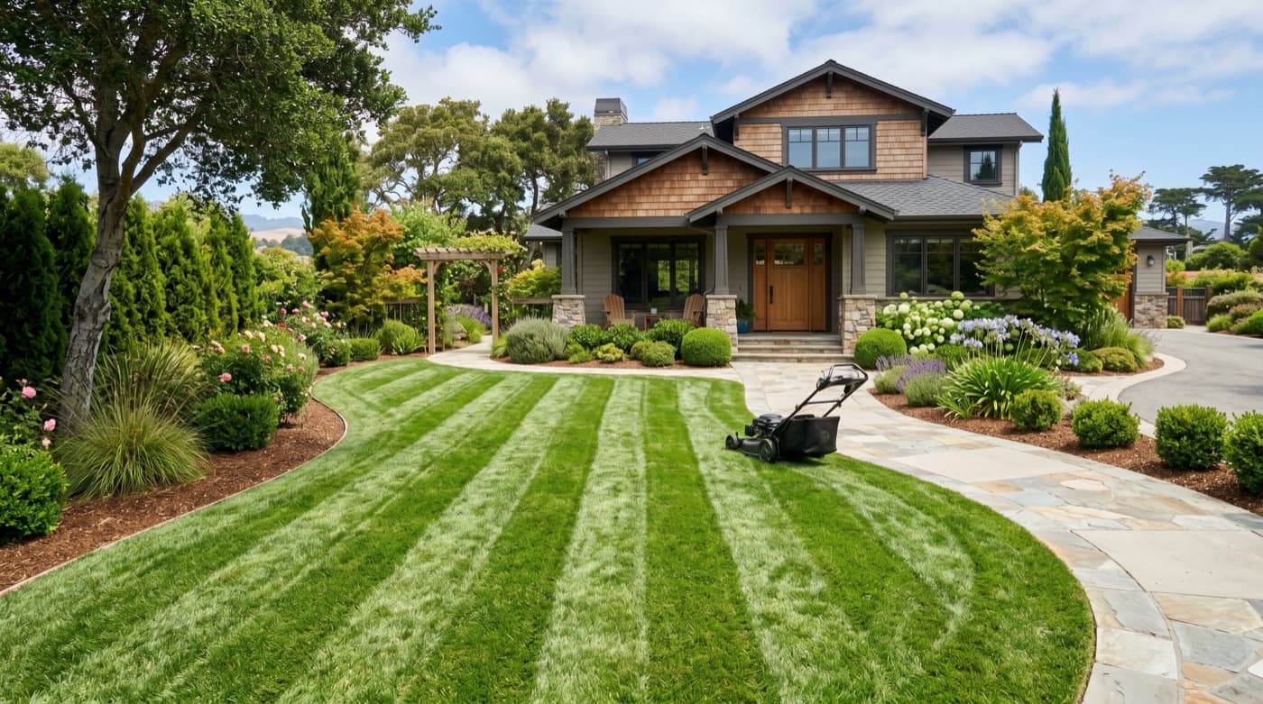Premium mowing lines across a maintained lawn.