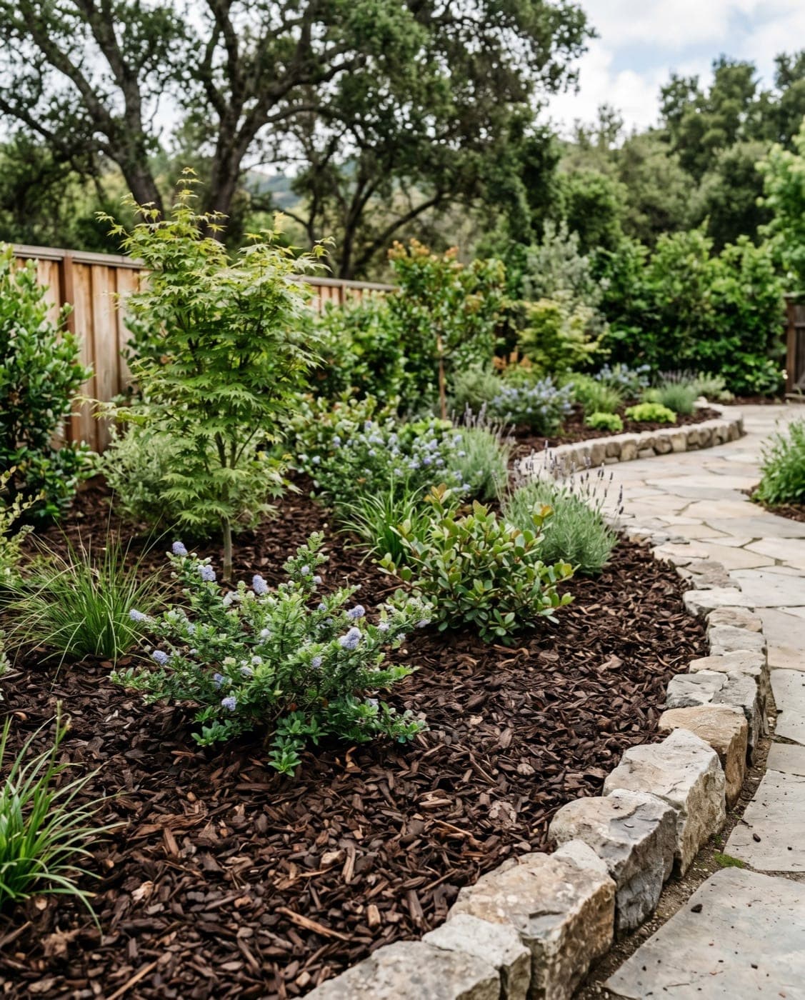 Mulch bed installation around garden planting.