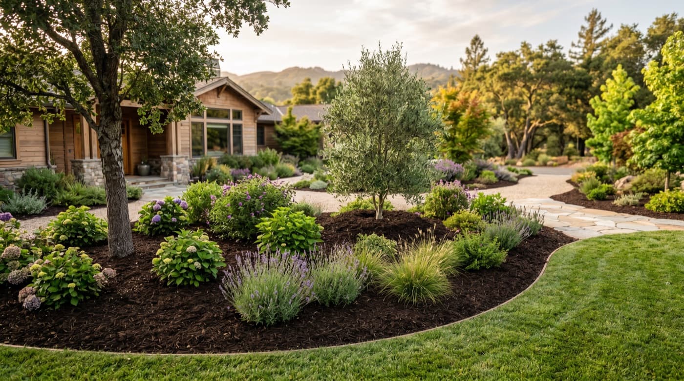 Fresh mulch texture in a planted landscape bed.