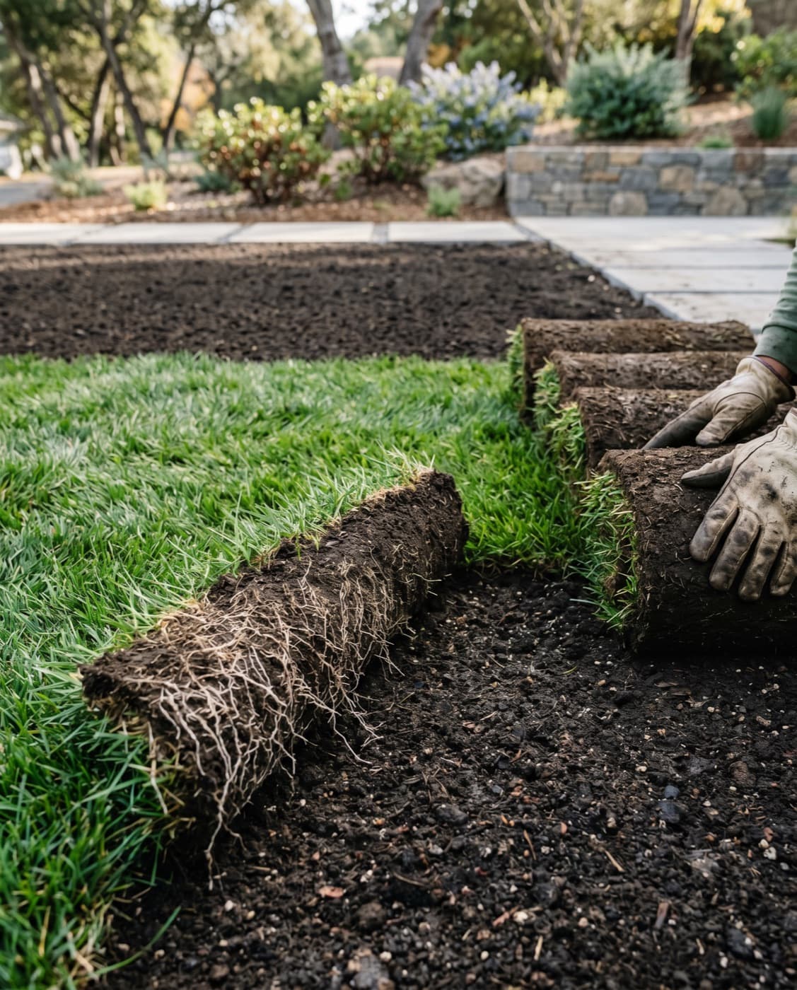 Fresh sod rolls staged for lawn installation.
