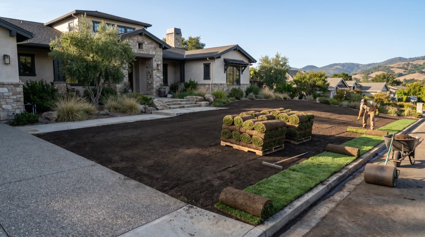 Prepared soil for sod installation in a residential yard.