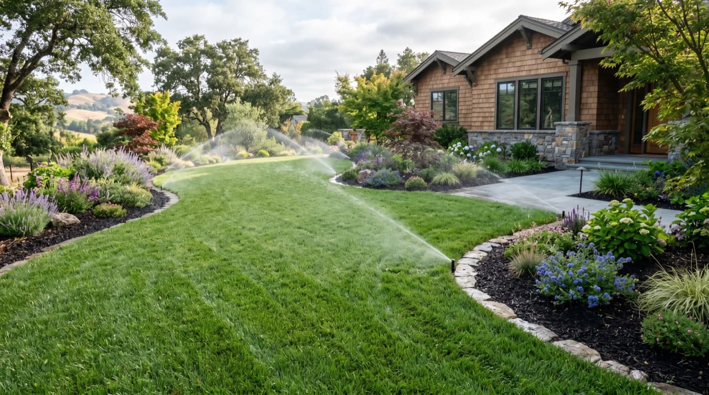 Lawn sprinkler coverage across maintained turf.