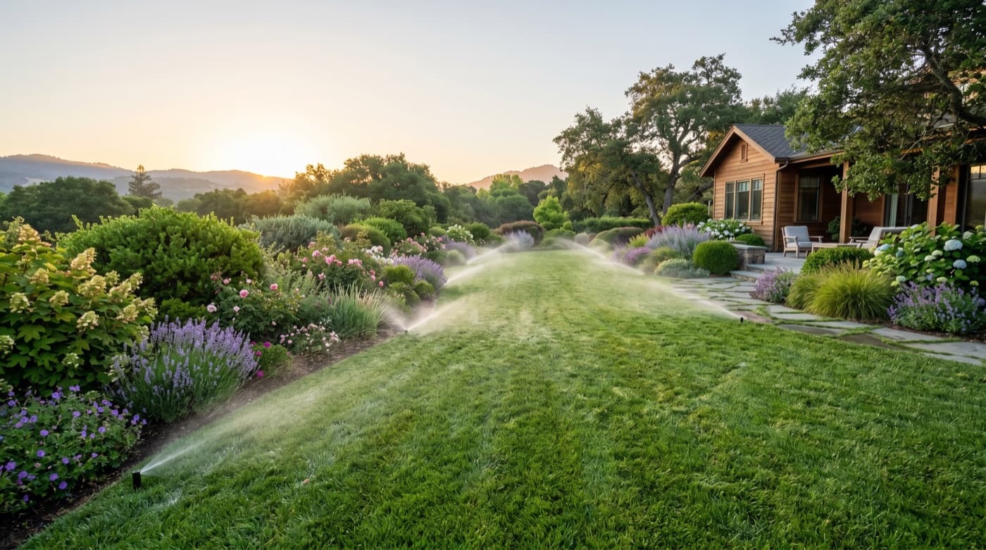 Sprinkler heads watering a green lawn.
