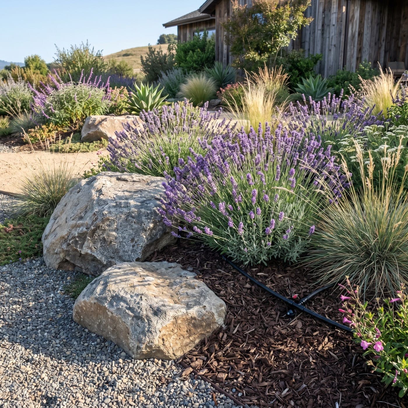 Boulder and native plant detail in a xeriscape design.