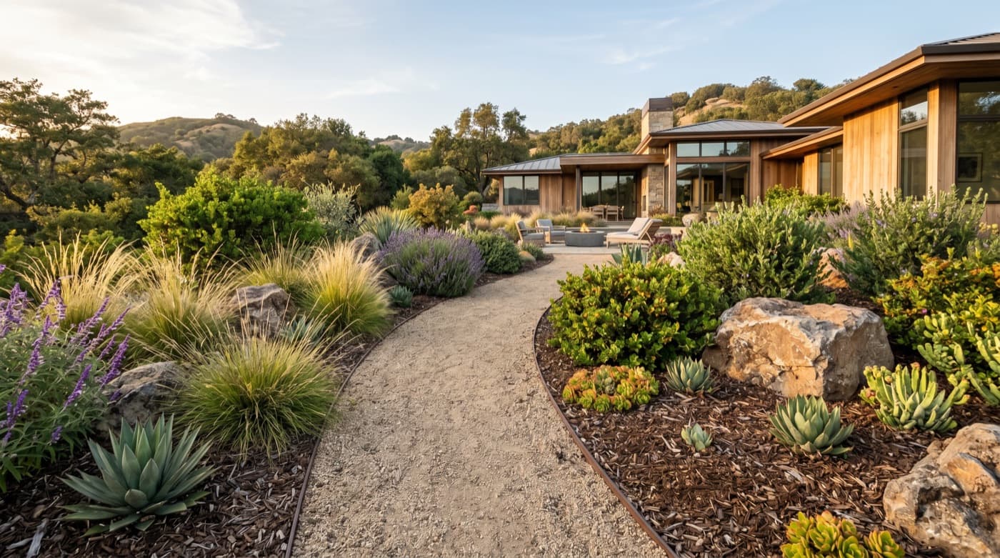 Water-wise gravel and native planting in a drought-tolerant landscape.