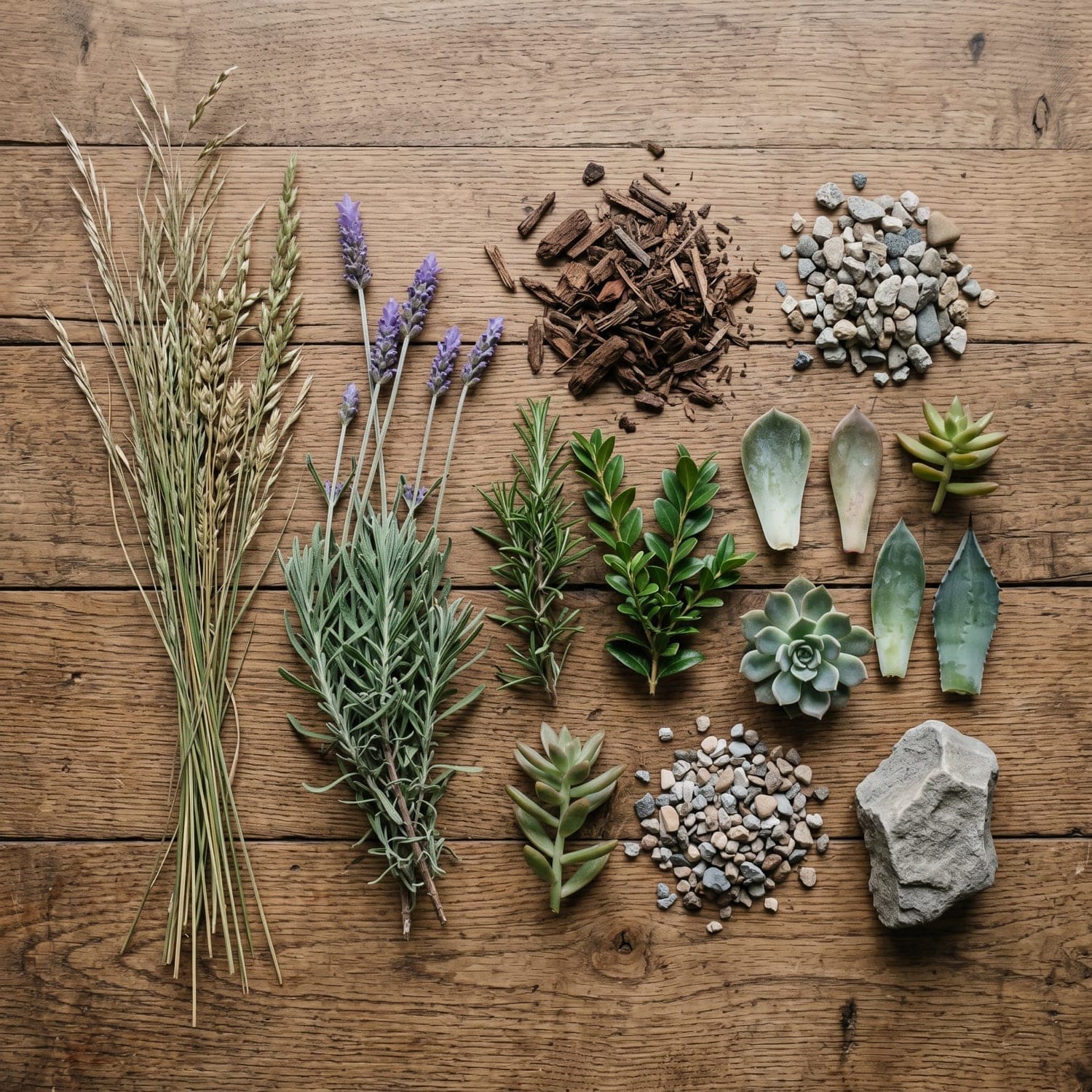 Plant palette flat lay with North Bay landscape textures, foliage, and planning materials.