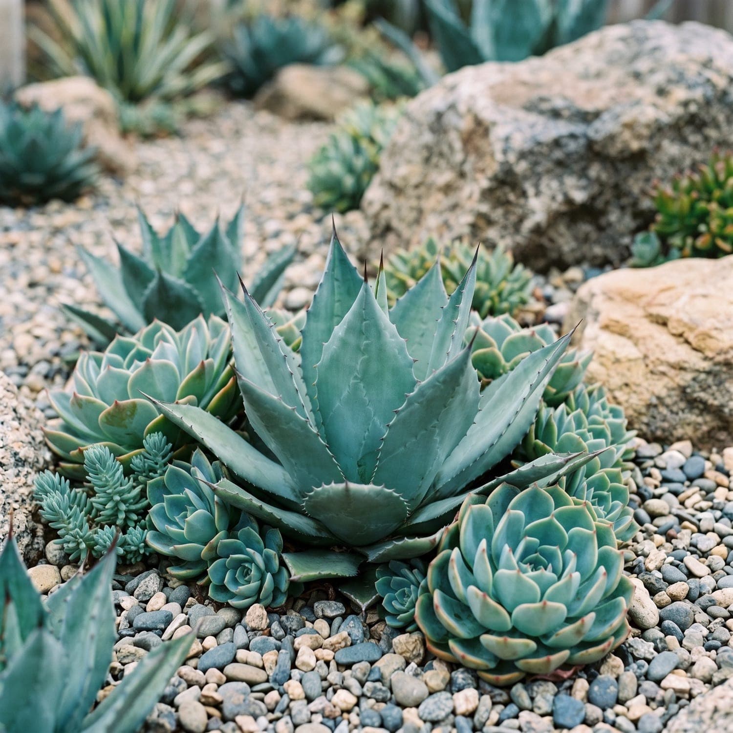 Close view of layered succulents and agave in a low-maintenance planting
