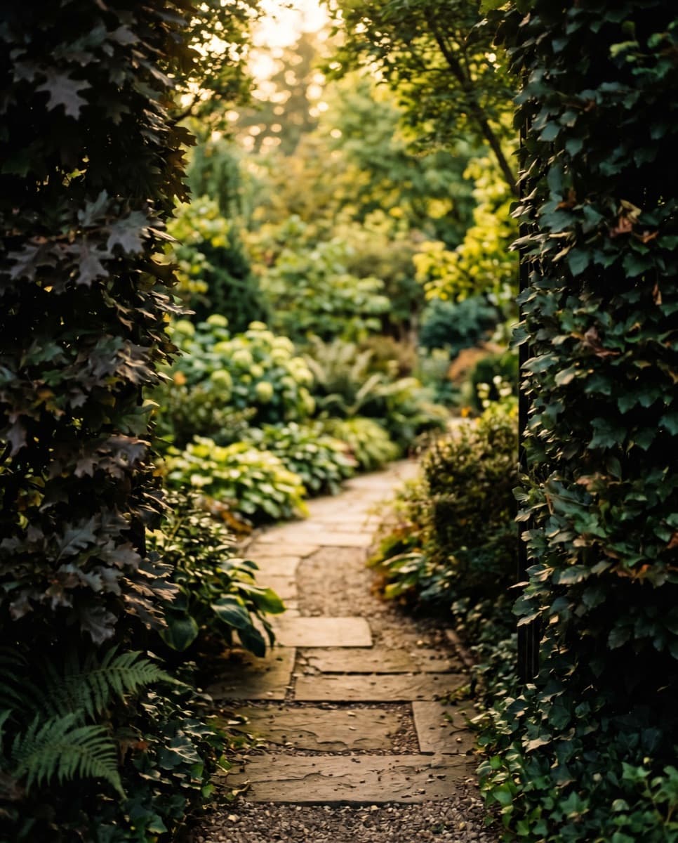 Garden path opening into lush community-style planting in warm evening light.