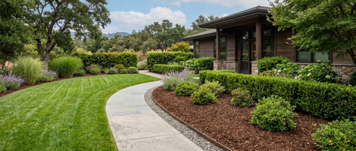 Smooth, gently curving walkway with flush edges and layered planting leading to a home entry.
