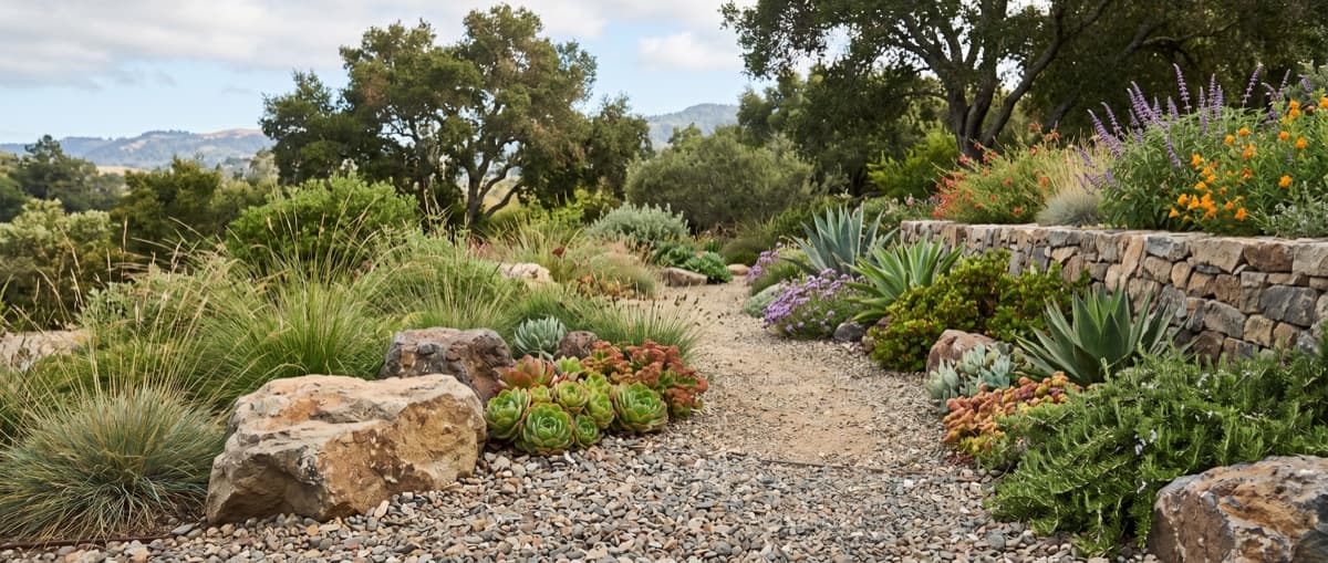 Water-wise North Bay garden with a dry-stacked stone wall, succulents, and native grasses