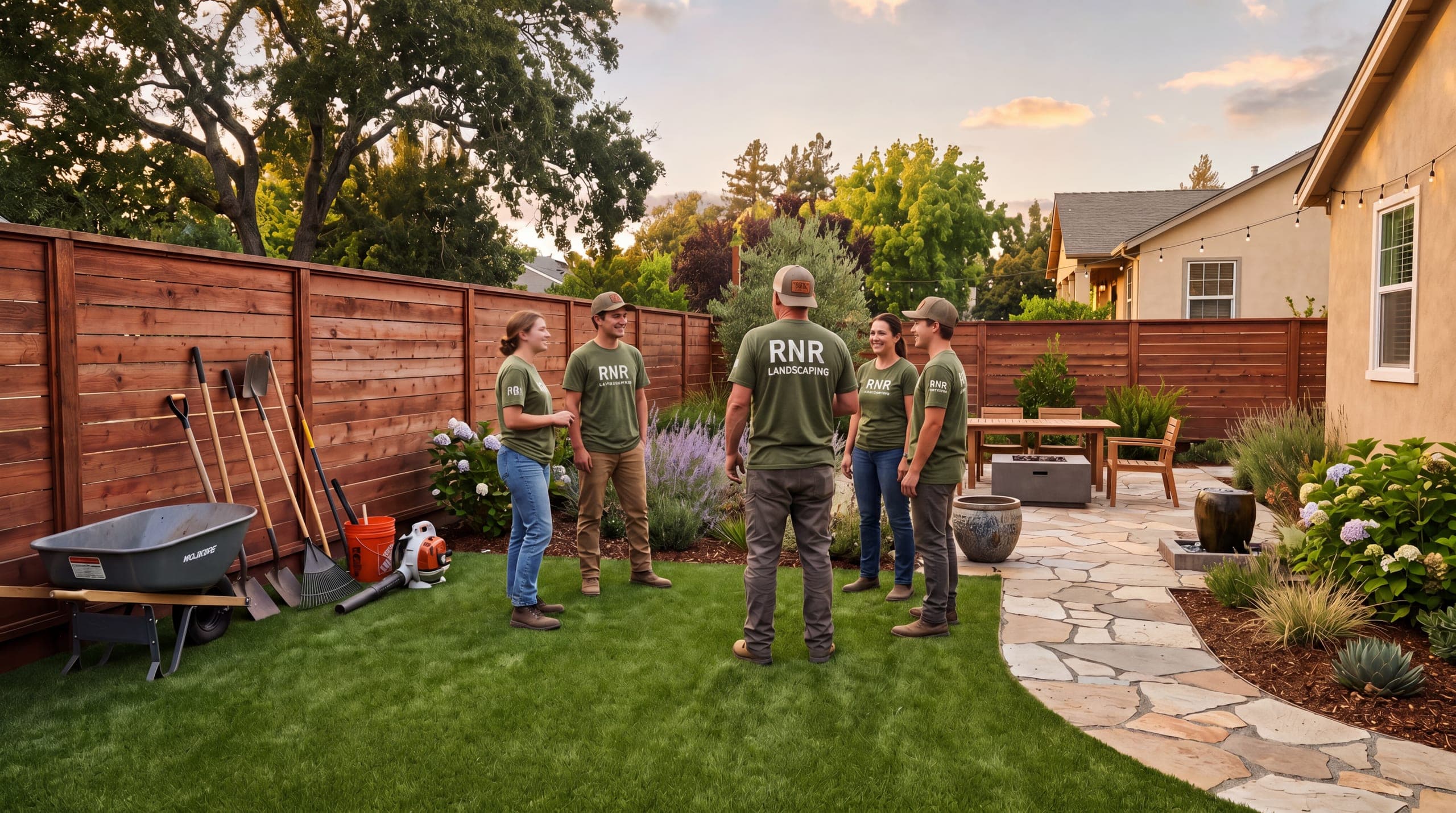 RNR landscaping crew gathered in a finished North Bay backyard with lawn, flagstone pathwork, and planting beds.