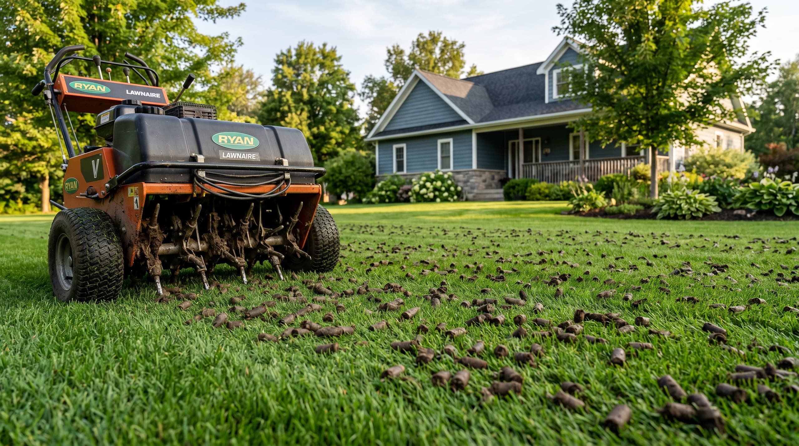 Lawn aeration machine crossing a green residential lawn near a home and mature trees.