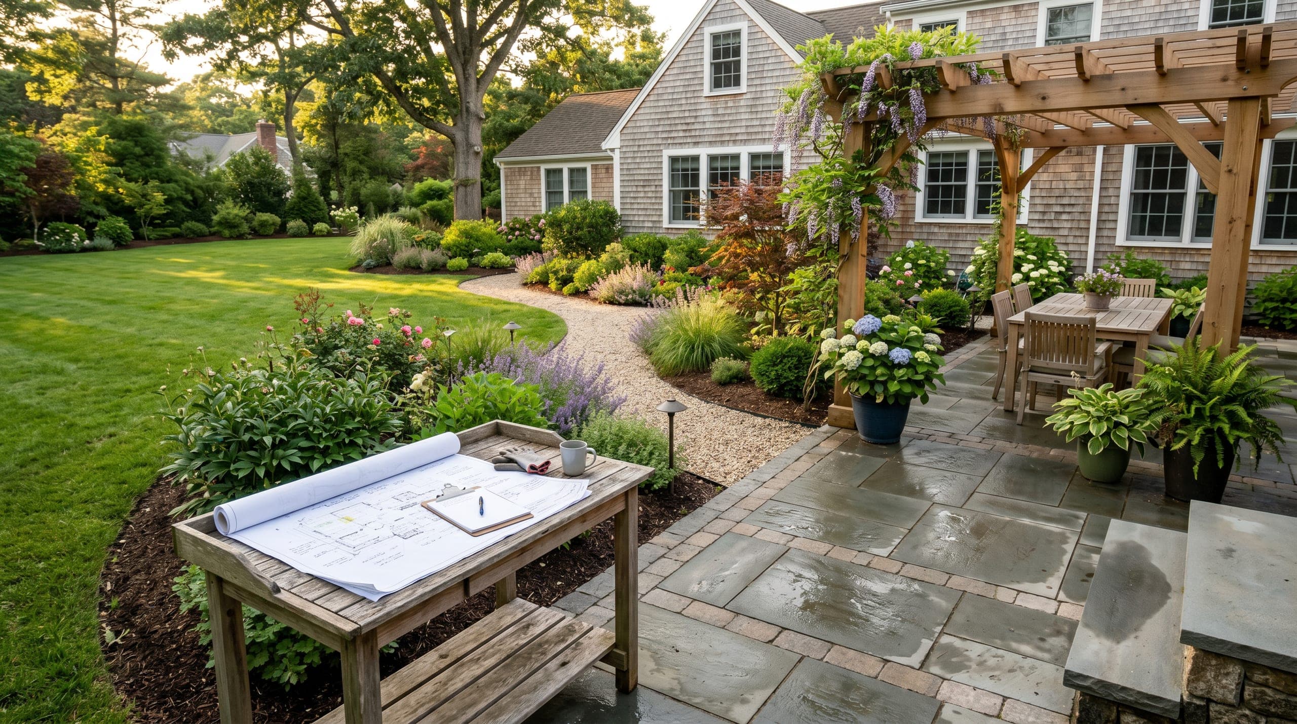 Residential patio and lawn with pergola, planting beds, and shaded outdoor seating.