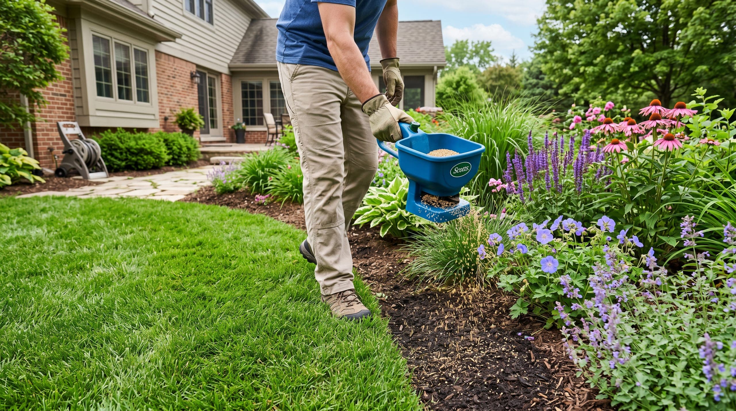 Lawn fertilization work beside flowering garden beds and fresh mulch.