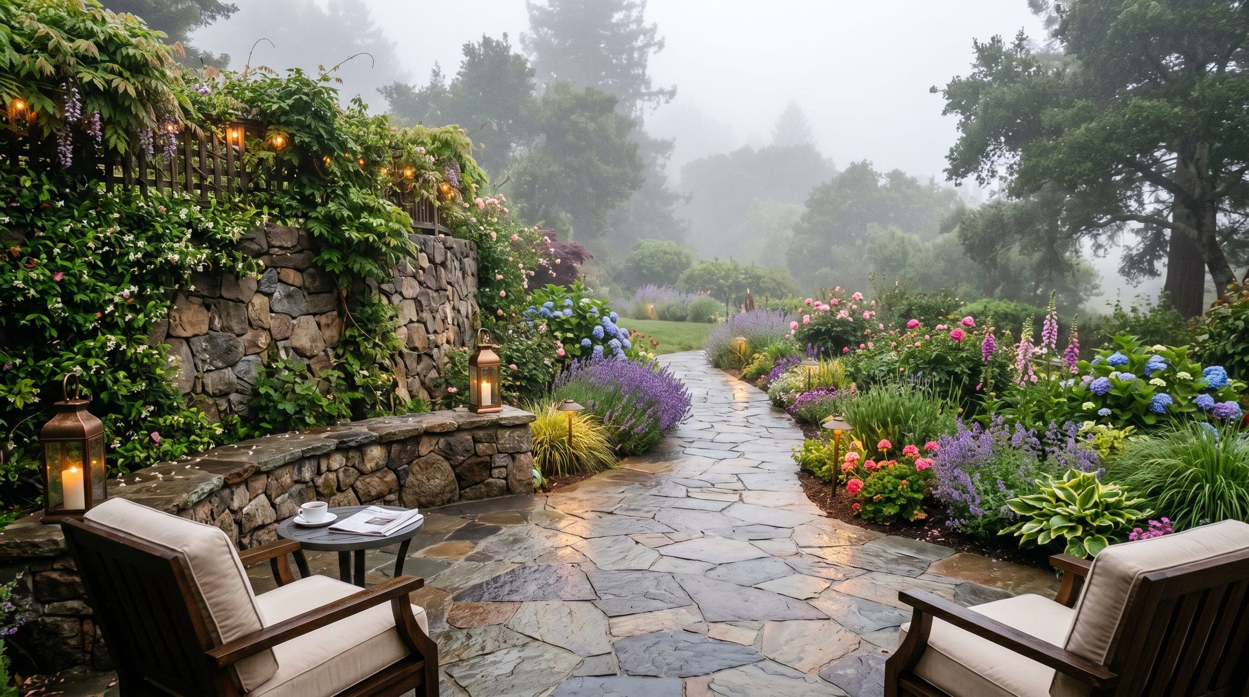 Stone hardscape patio with seating, misty garden planting, and retaining wall detail.