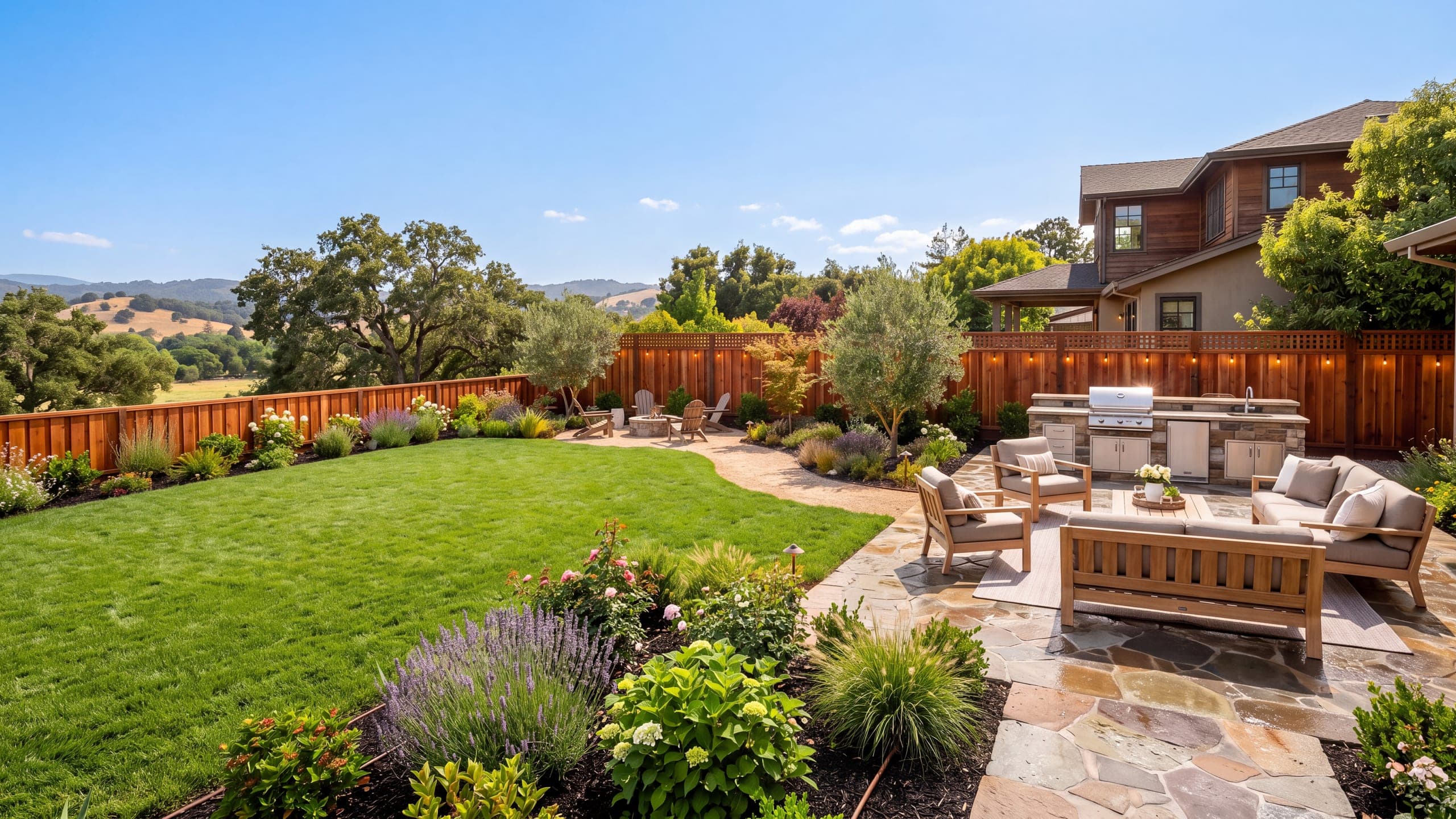 Premium North Bay backyard with a manicured lawn, flagstone patio, outdoor kitchen, layered planting, and open hillside views under blue sky.