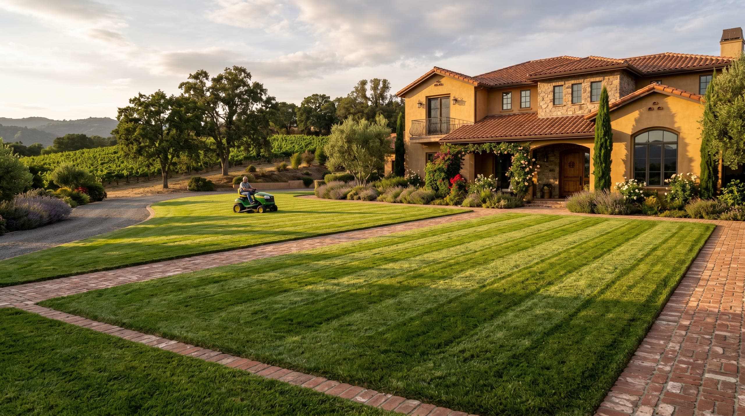 Large striped lawn with mower in a landscaped residential property at golden hour.