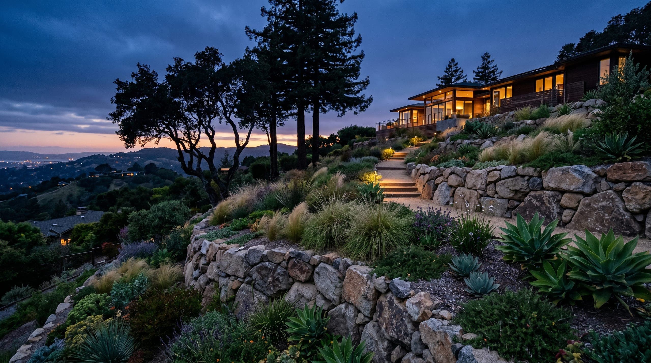 Coastal hillside stone retaining wall and native planting overlooking blue water.