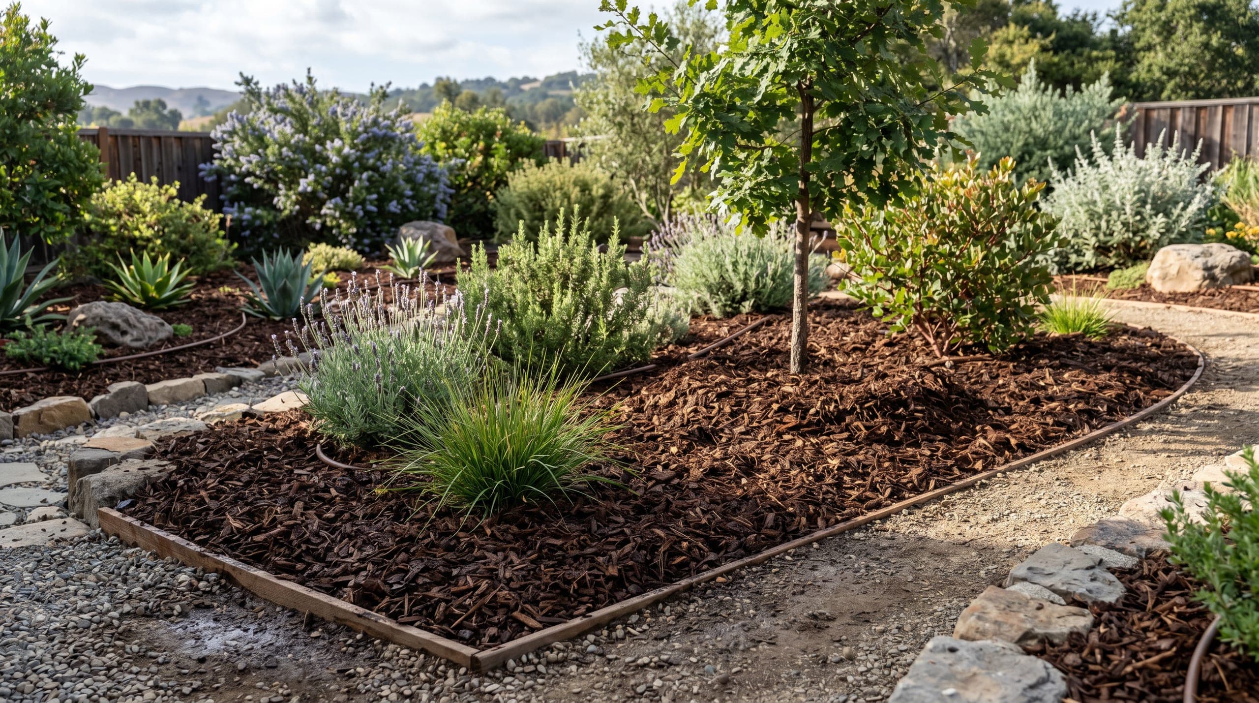 Freshly mulched garden bed with ornamental grasses, shrubs, and stone path edging.