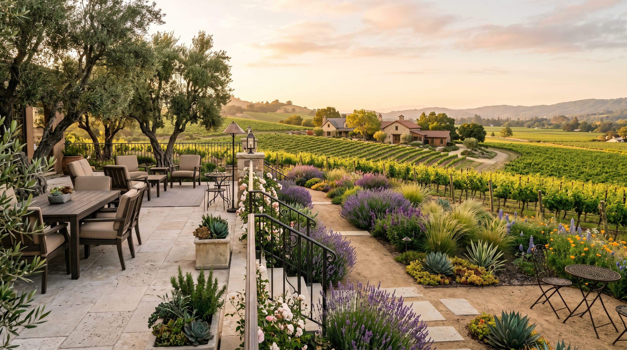 Vineyard-side patio with lavender planting, outdoor dining, and warm valley light.