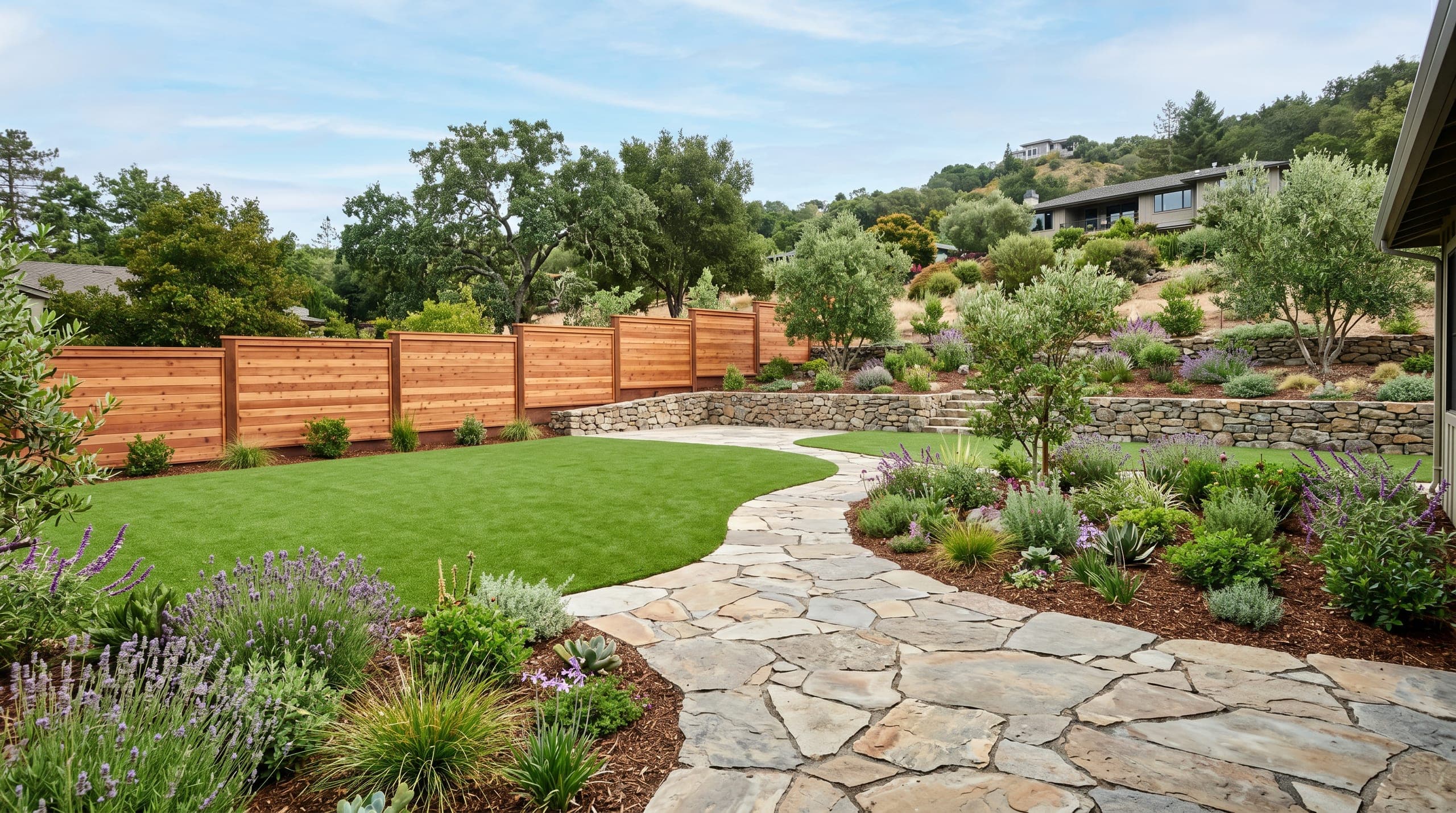 Backyard transformation with fresh turf, patio paving, construction staging, and redwood fencing.