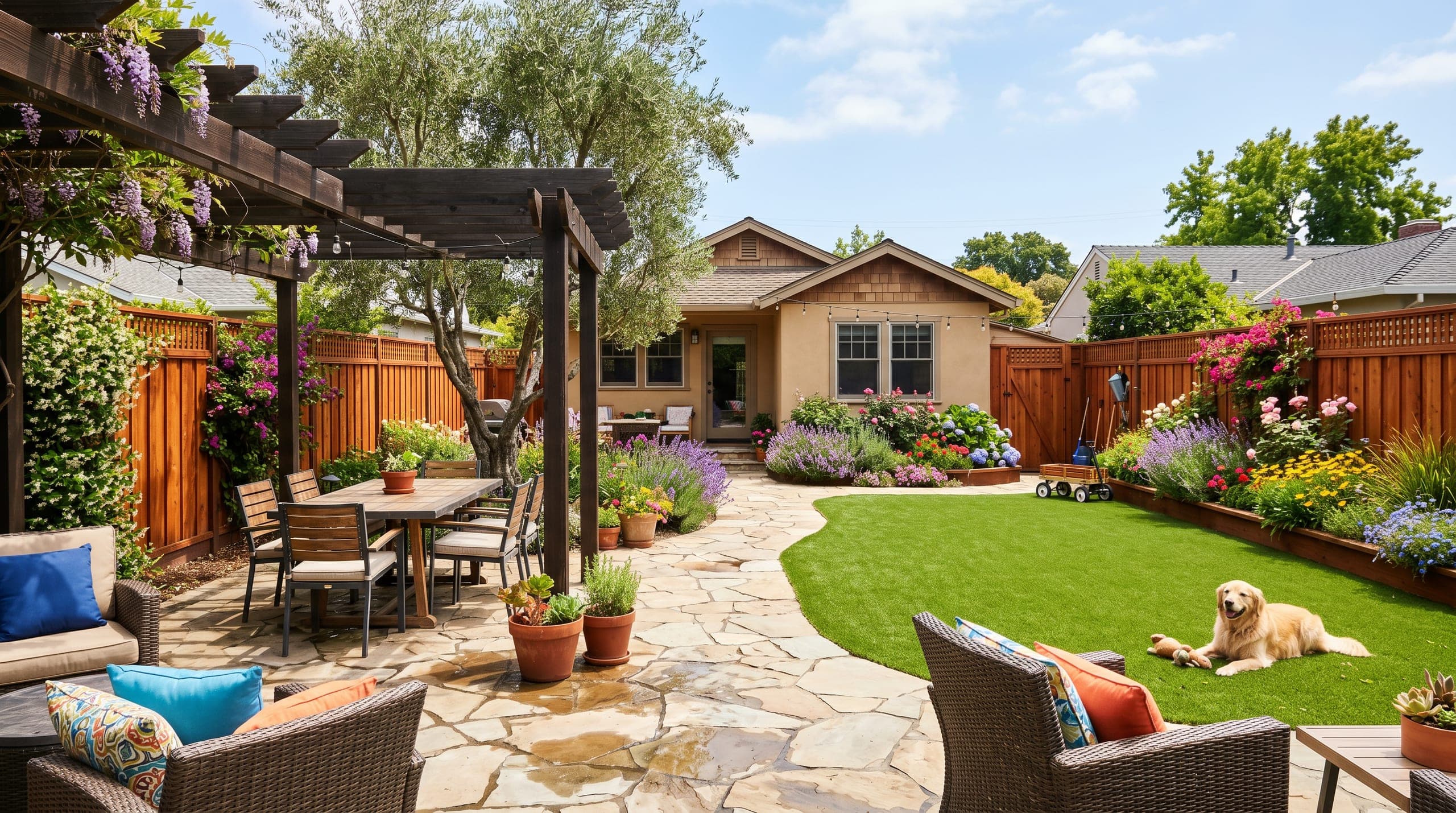 Petaluma-style backyard with curved lawn, patio, fencing, and layered planting.