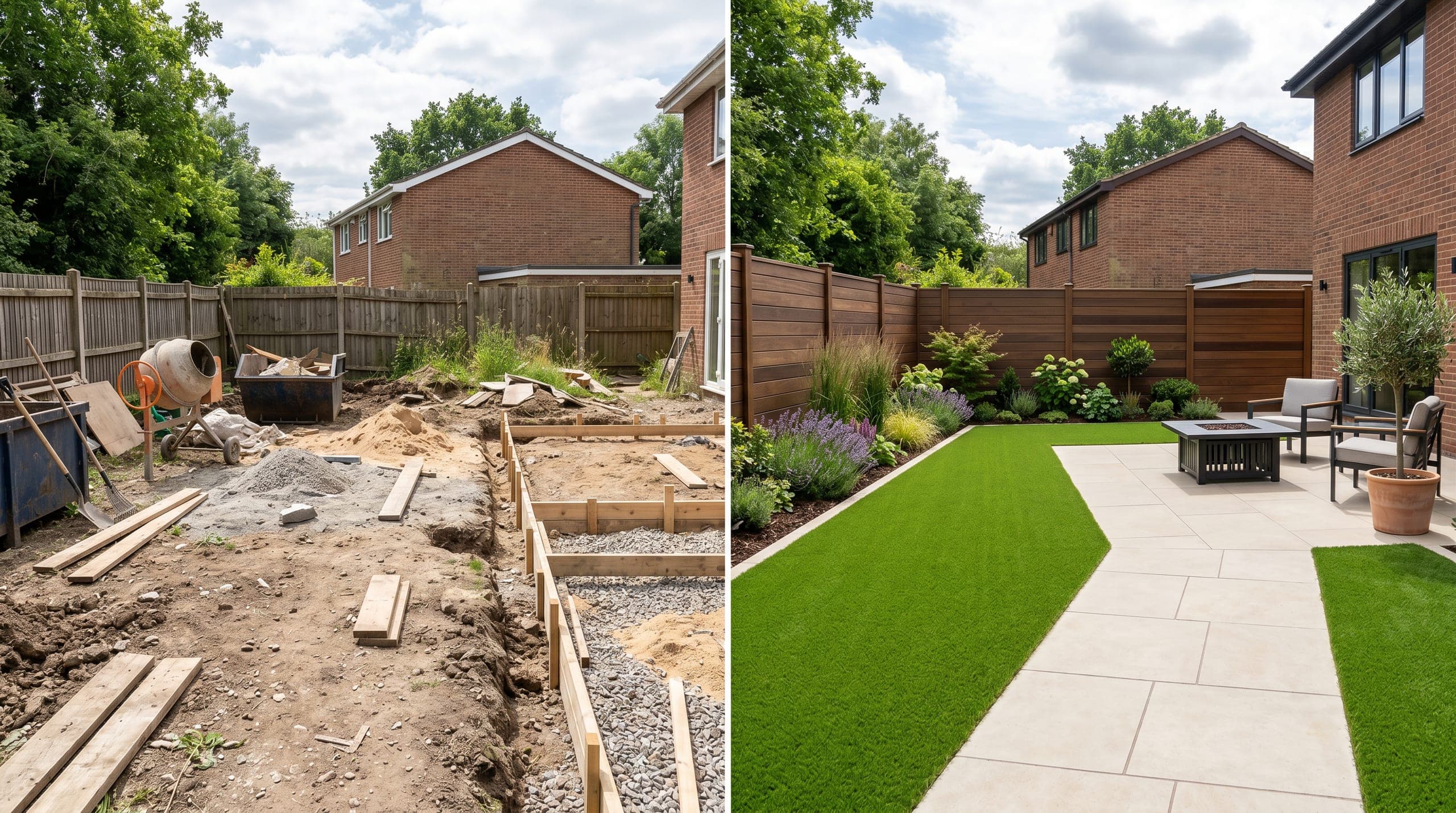 Backyard transformation with fresh turf, patio paving, construction staging, and redwood fencing.