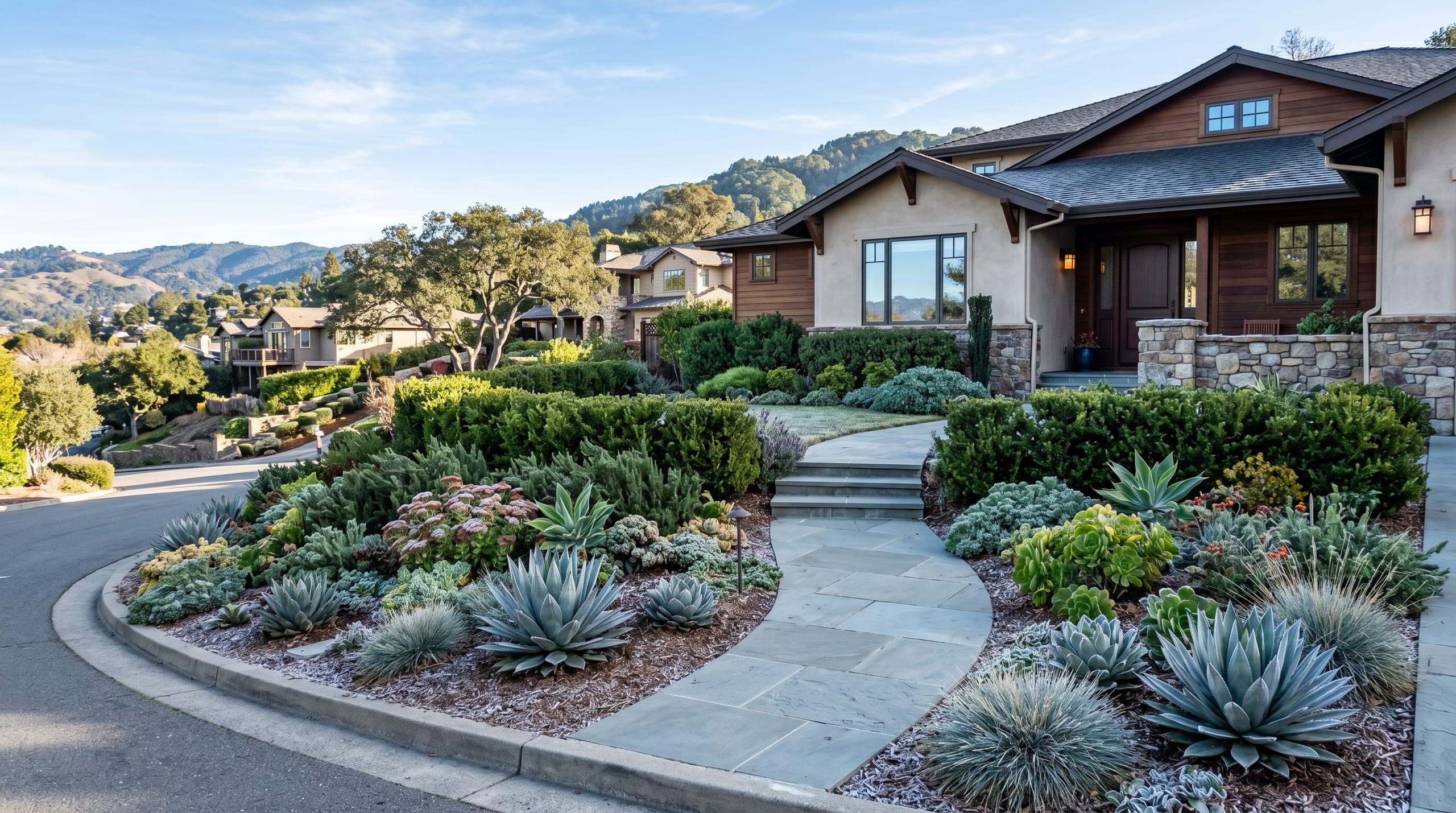Craftsman home entry with drought-wise succulent planting, stone walkway, construction staging, and redwood fencing.