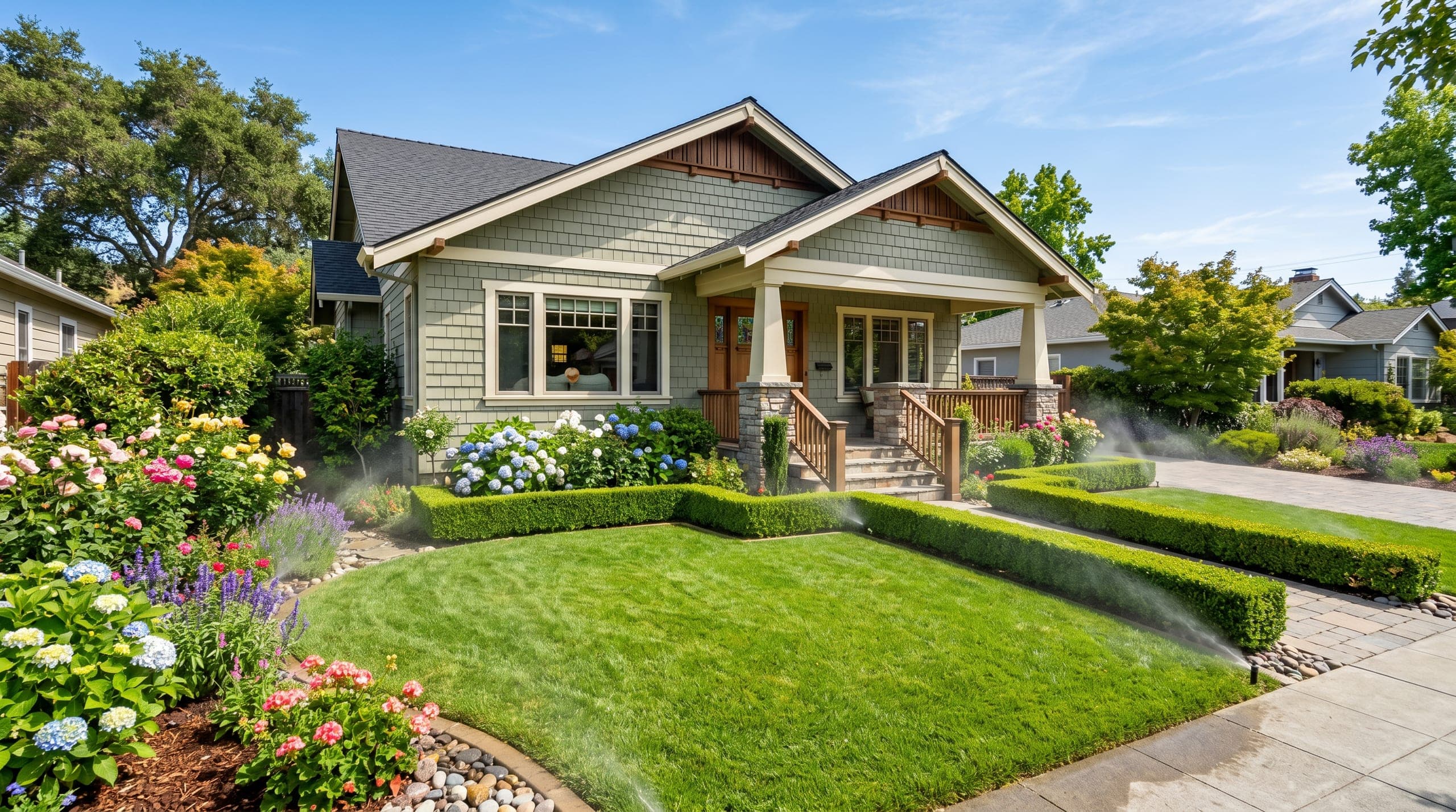 Santa Rosa-style residential front landscape with green lawn, rose beds, and open sky.