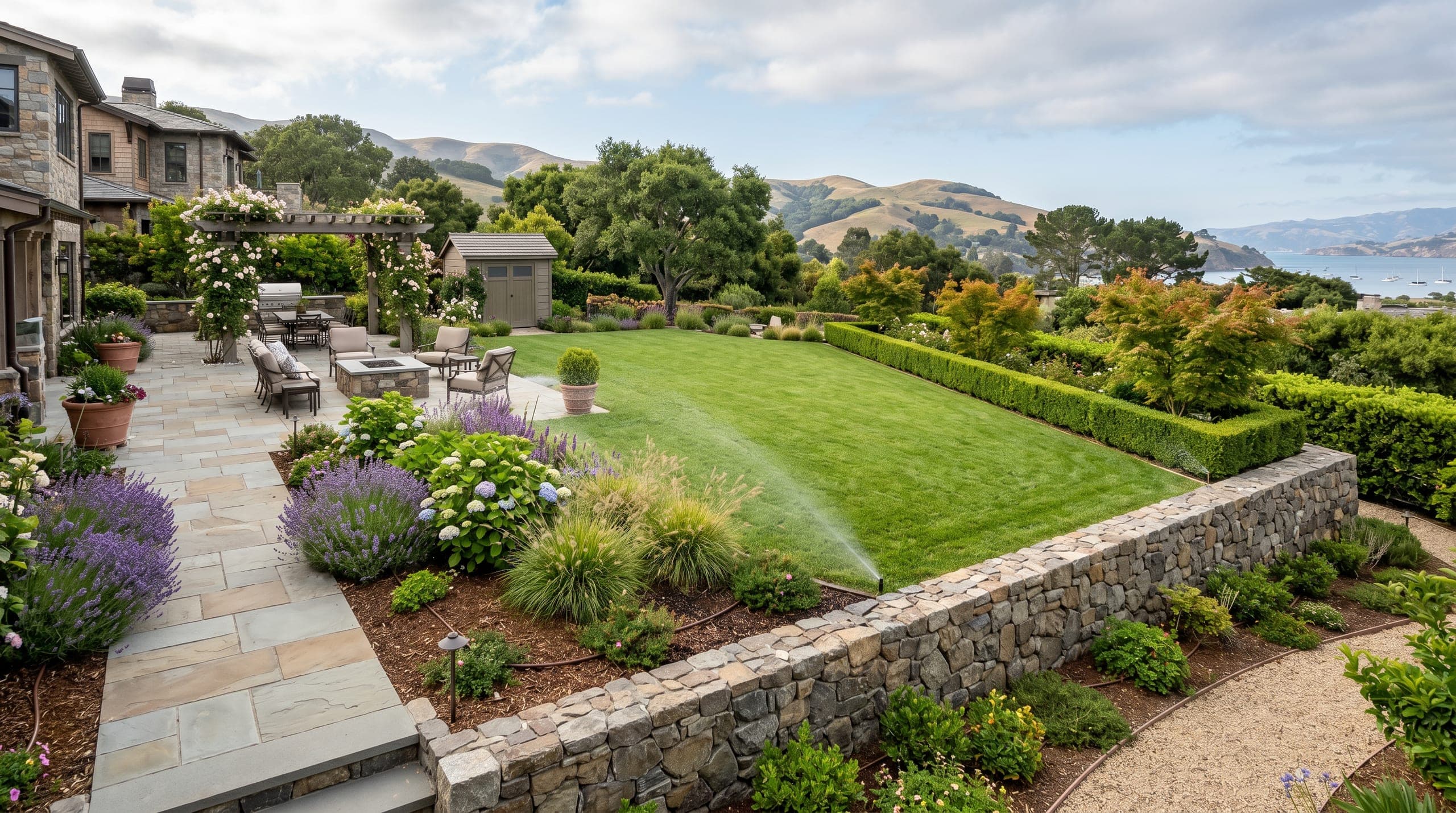 Residential landscape with fresh lawn, planted beds, retaining edge, and layered hillside garden.