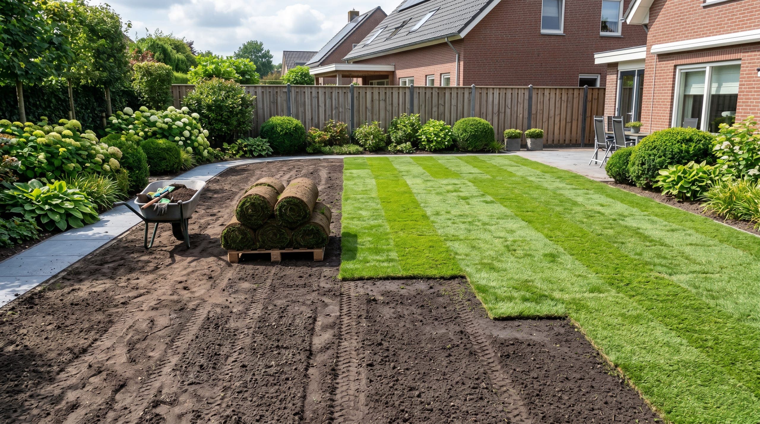 New sod installation with soil preparation, fresh turf, and backyard fence line.