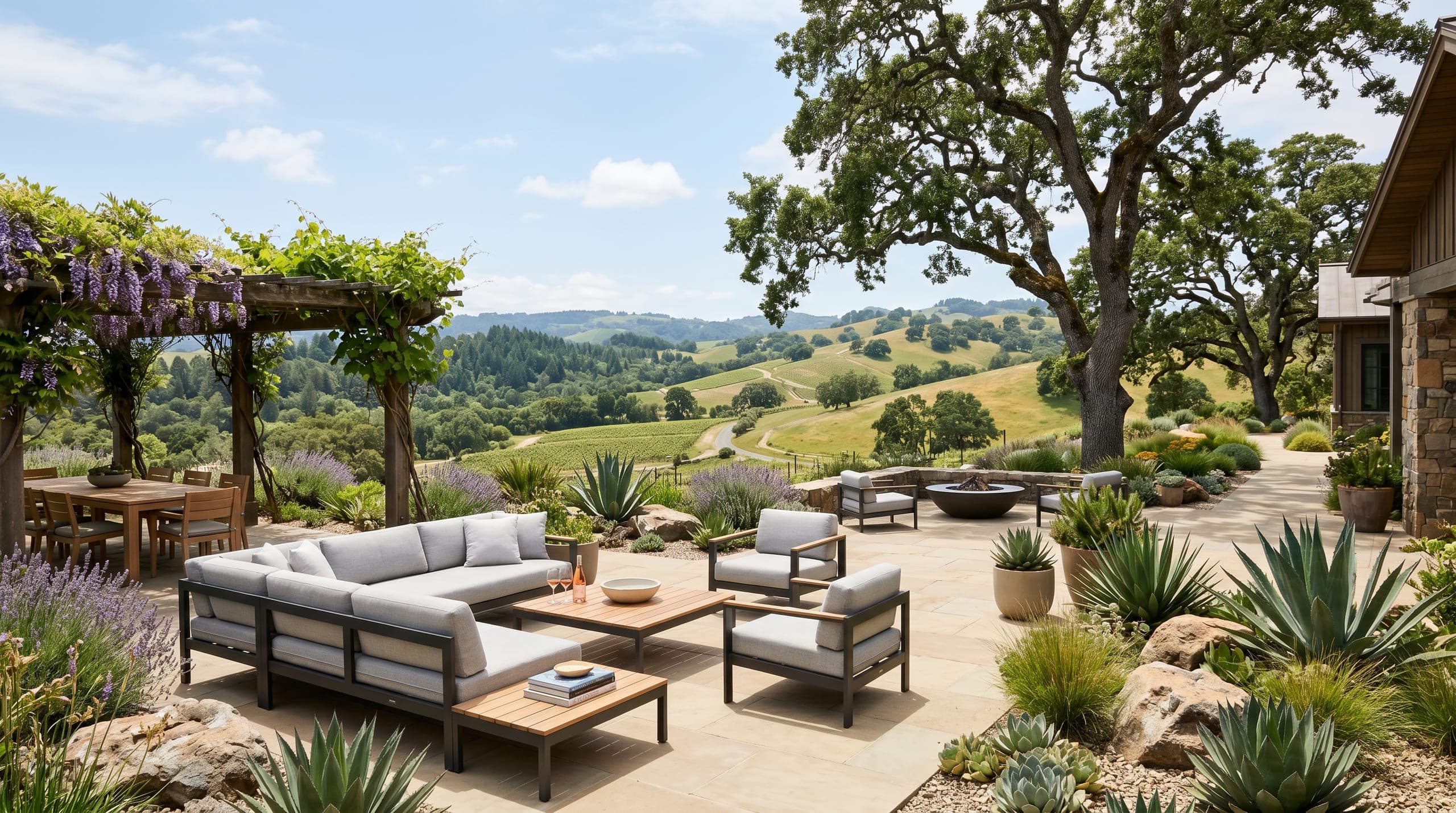 North Bay hillside outdoor lounge with valley views, planting, and open sky.